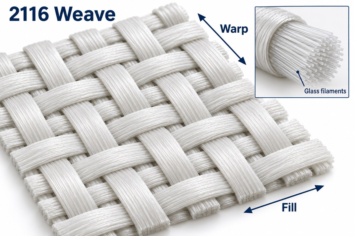 Conceptual 2116 weave showing warp, fill and the glass filaments within yarn bundles
