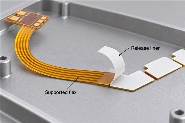 Supported flex circuit with its release liner being peeled before installation