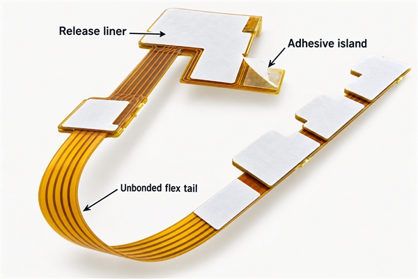Selective adhesive islands and release liners with an unbonded flexible tail