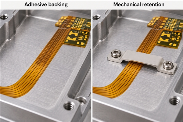 Adhesive-backed flex mounting compared with a mechanical retaining bridge