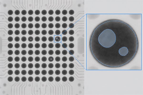 BGA void, X-ray view of a BGA array with an enlarged solder joint showing projected void area