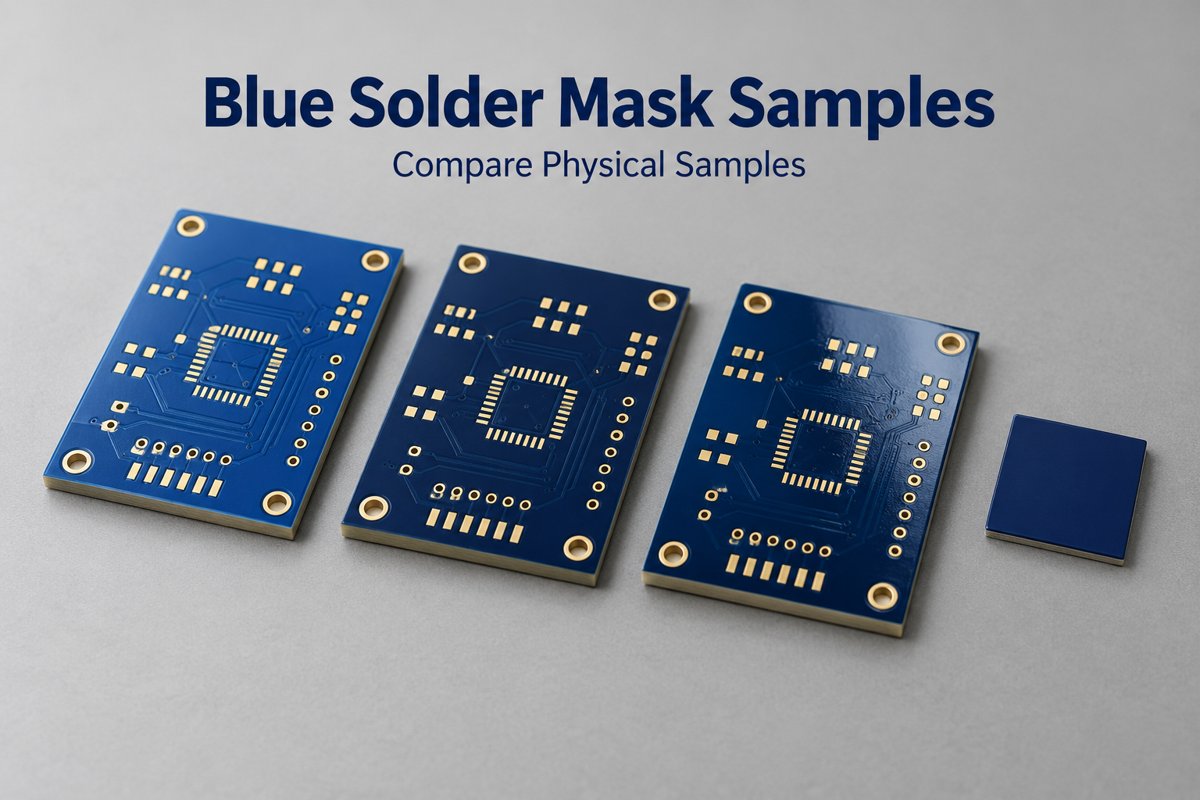 Illustrative blue PCB samples with different shades beside a physical reference chip