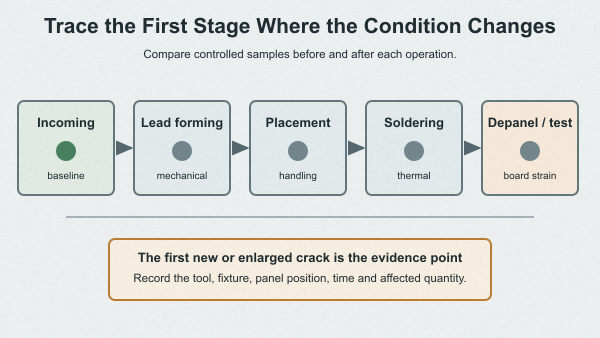 Stage-by-stage traceability used to distinguish incoming component damage from assembly-induced damage