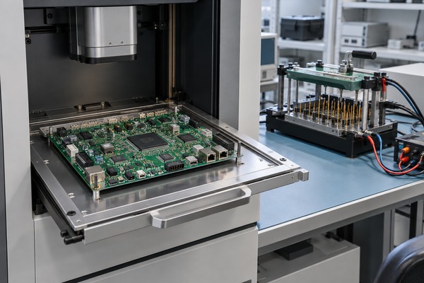 X-ray inspection tray and functional test fixture for a complex PCB assembly
