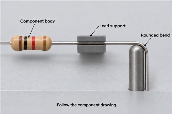 Lead support between the component body and rounded bend, shown as an illustrative setup