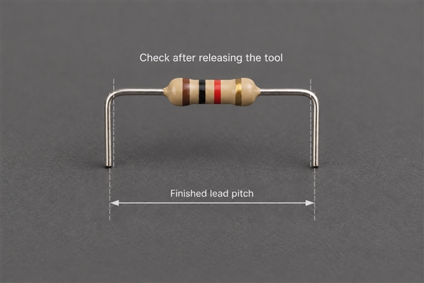 Released axial component with center-to-center finished lead pitch indicated; illustrative geometry