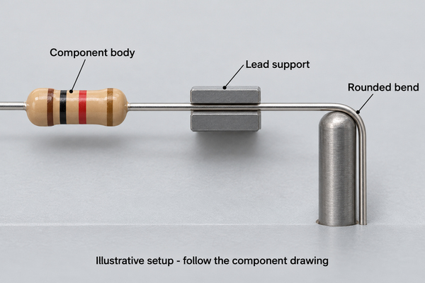 Lead support between the component body and rounded bend, shown as an illustrative setup