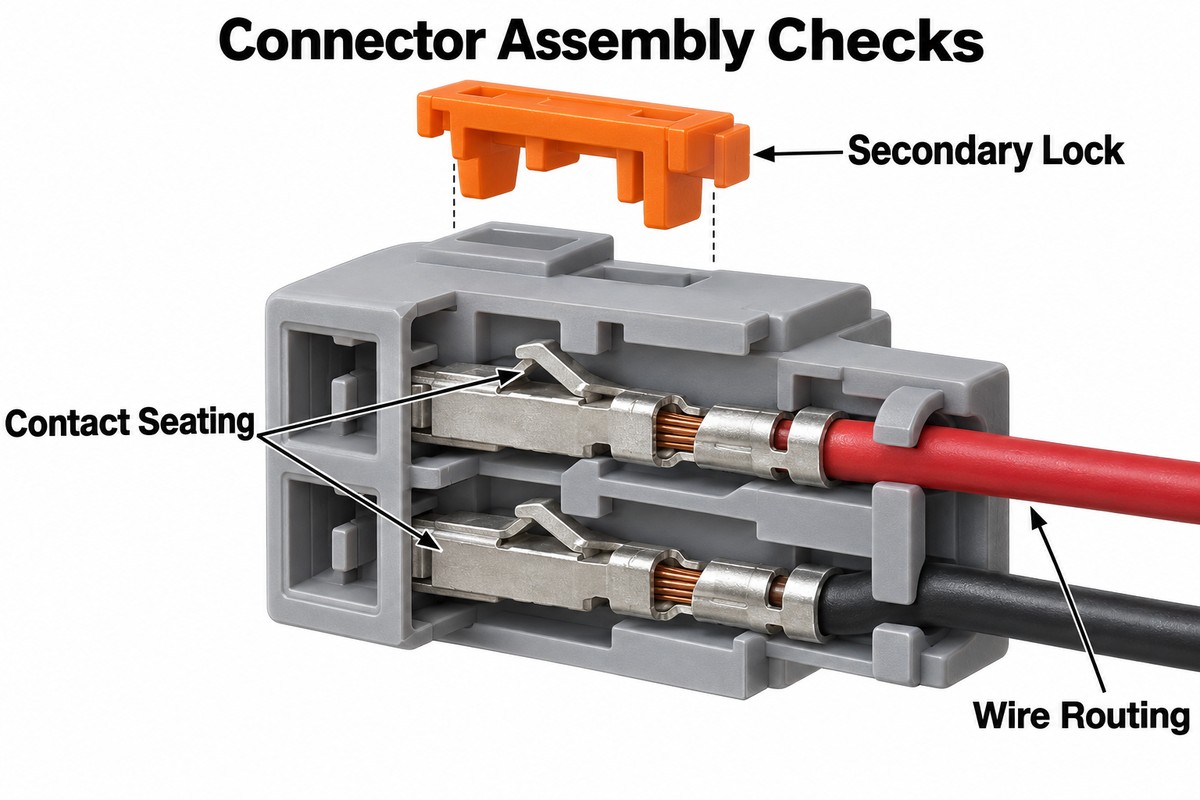 Illustrative connector cutaway showing contact seating, a secondary lock and wire routing