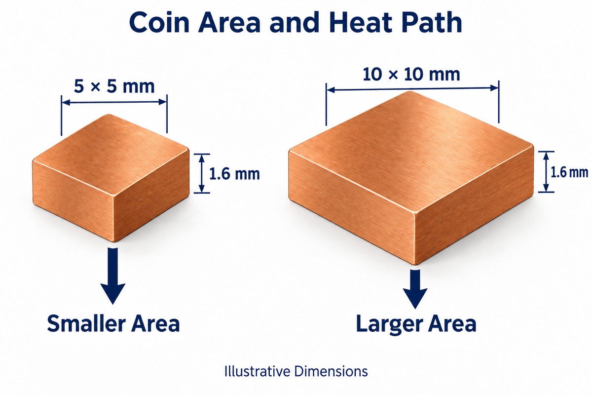 Illustrative 5 by 5 mm and 10 by 10 mm copper coins with equal 1.6 mm thickness