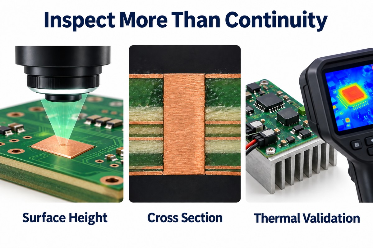 Surface height measurement, cross-sectional inspection and thermal validation of a copper coin PCB