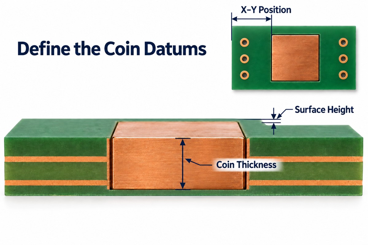Coin position, surface height and thickness referenced to PCB drawing datums