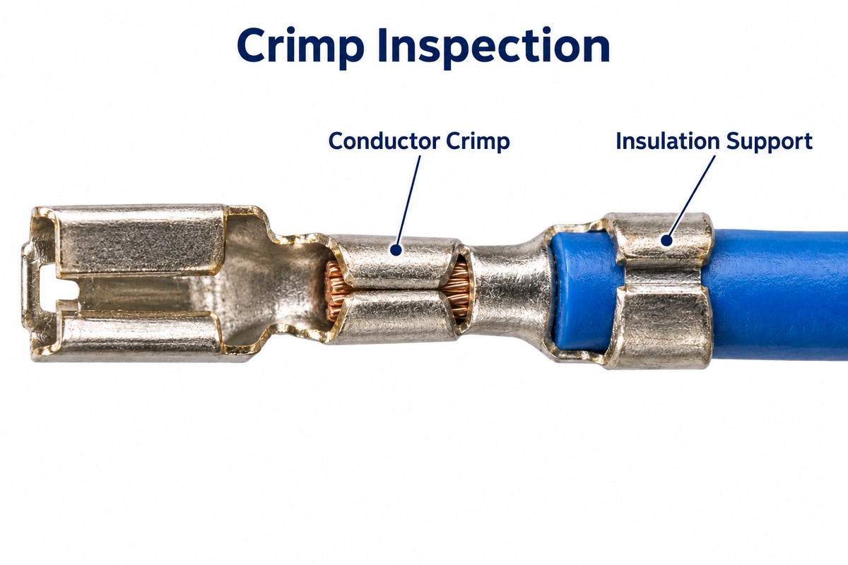 Illustrative open-barrel terminal showing the conductor crimp and separate insulation support