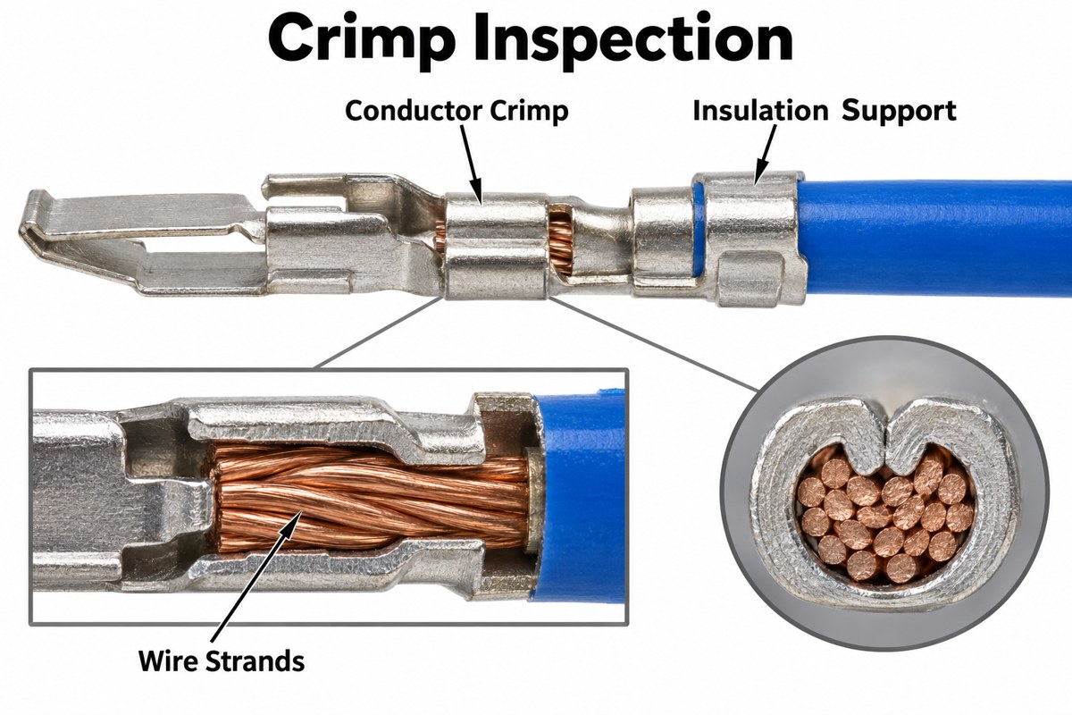 Illustrated conductor crimp and insulation support with an enlarged view of copper strands