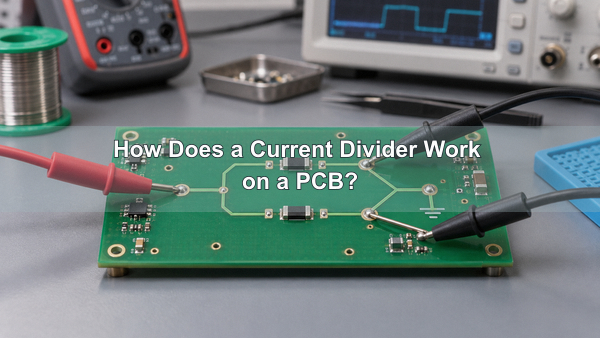 Current divider circuit on a PCB with two parallel resistor branches and test probes, illustrative image