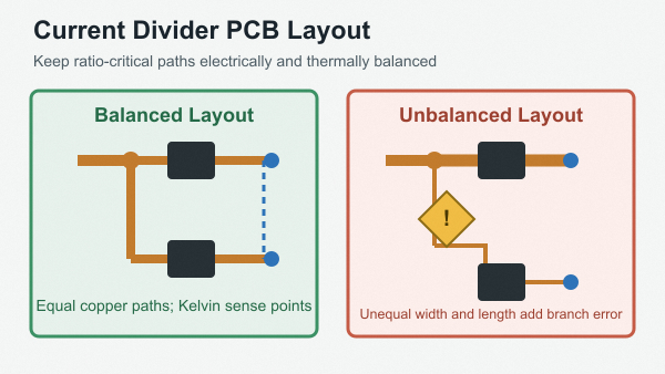 Good and poor current divider PCB layout showing balanced branches and Kelvin sensing