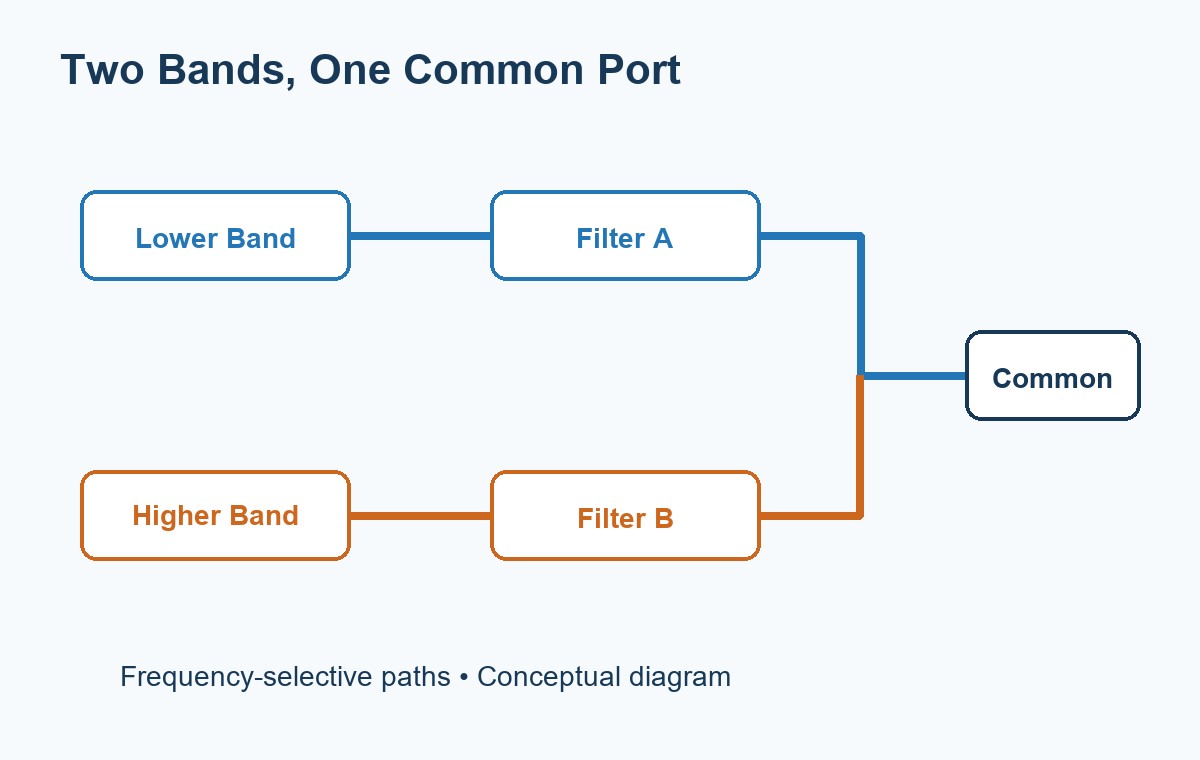Two frequency bands combine at a diplexer common port through separate filter branches