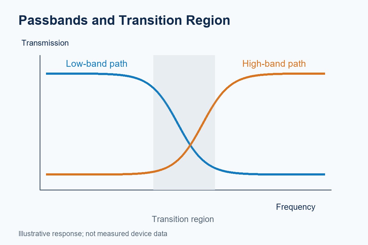 Illustrative low-band and high-band transmission curves with a transition region