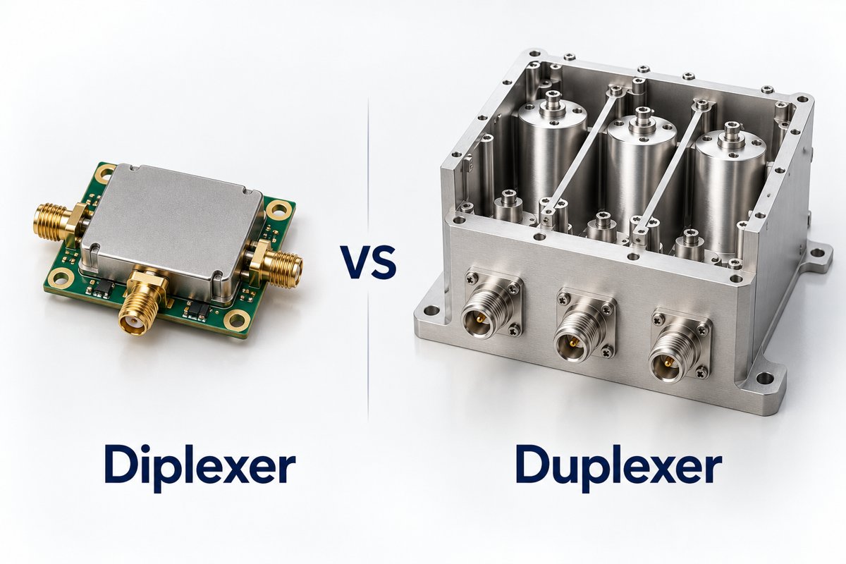 Illustrative RF diplexer module and cavity duplexer shown side by side