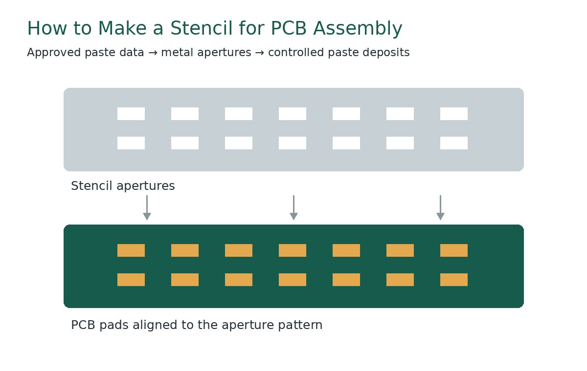 Stencil apertures align with the PCB pad pattern. Schematic, not to scale.