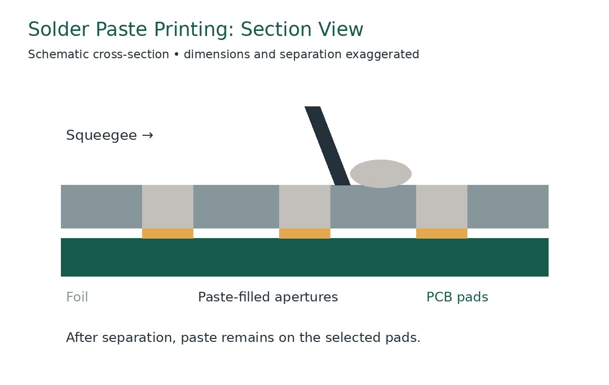 Paste fills stencil apertures above the PCB pads before separation.