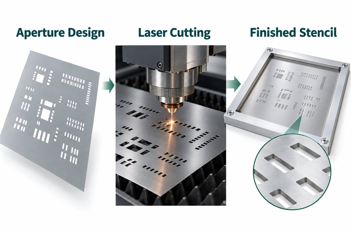 Illustration of aperture design, laser cutting, and a finished SMT stencil.