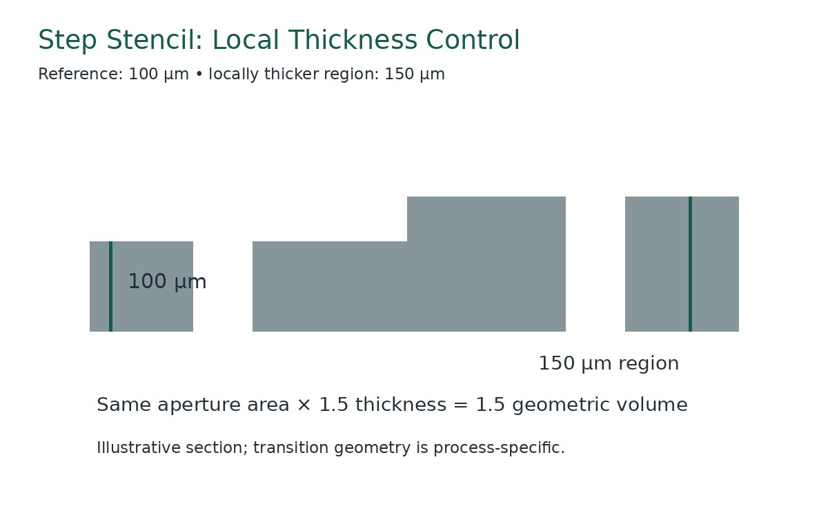 A 100 µm reference foil and 150 µm local region illustrate a step-up design.