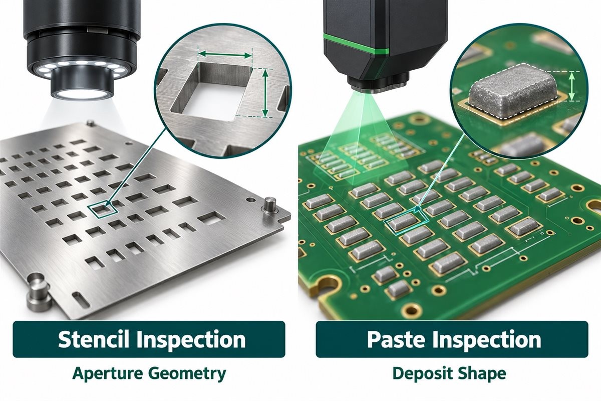 Illustration comparing stencil aperture inspection with printed solder paste deposit inspection.