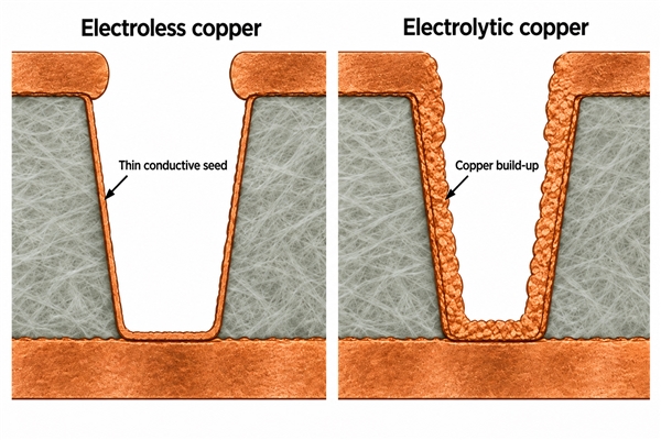 Chemical copper seed layer compared with subsequent electrolytic copper build-up