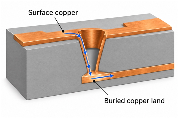 PCB via copper coating connecting surface copper to a buried copper land