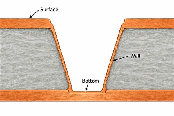 Microvia locations used to compare copper coverage on surface wall and bottom