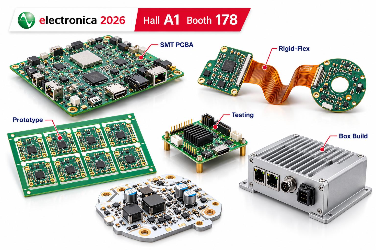 PCBA products for electronica 2026 including SMT PCBA, rigid-flex, prototype, testing and box build
