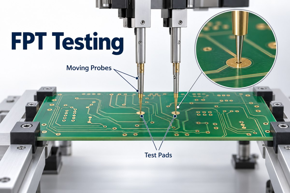 Illustration of moving probes contacting exposed test pads on a bare PCB
