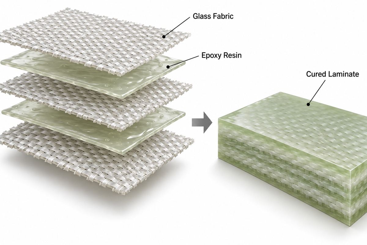 Woven fiberglass plies and epoxy consolidated into a rigid G10 laminate