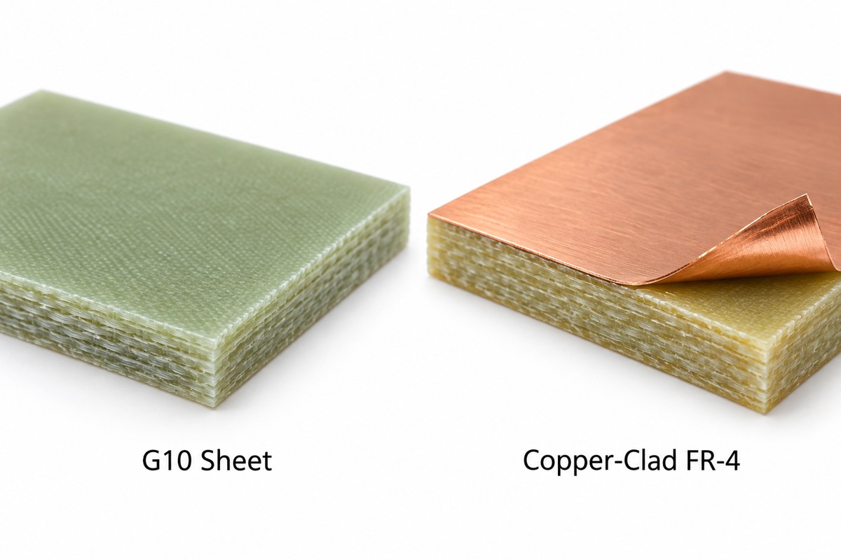 Unclad G10 insulating sheet compared with copper-clad FR-4 laminate