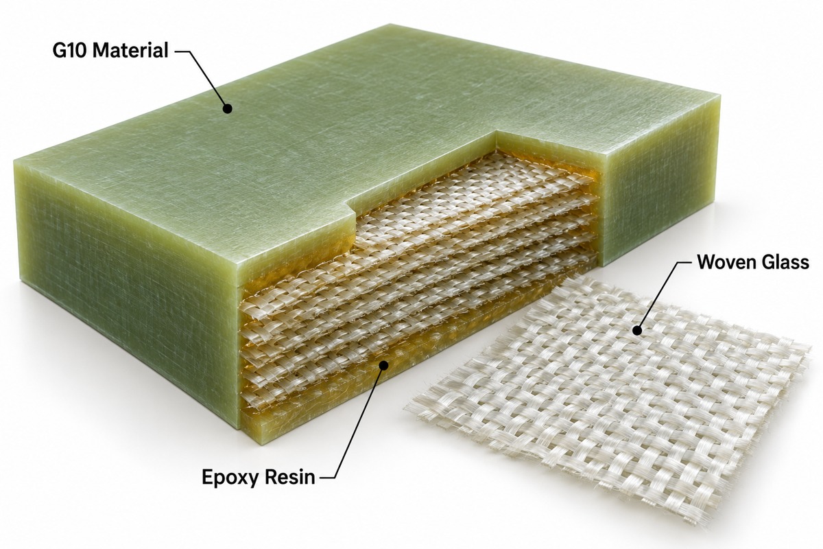 G10 glass epoxy laminate cutaway showing woven glass and cured epoxy