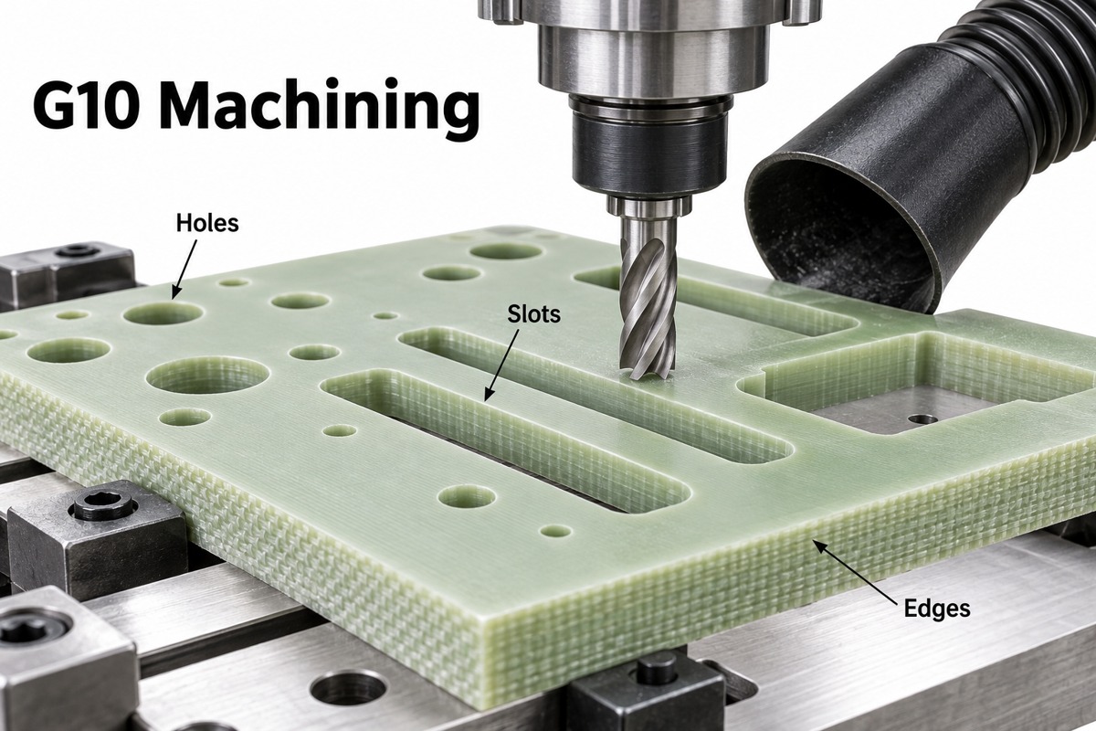 Machining holes and slots in a G10 plate with a nearby extraction nozzle