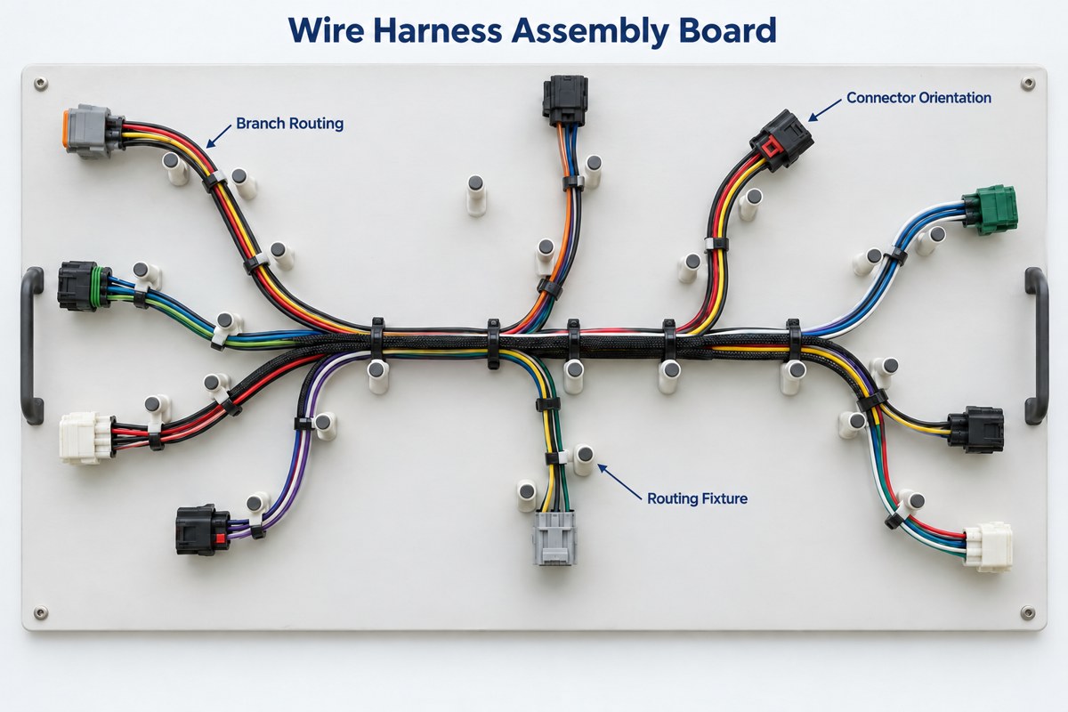 Wire harness arranged on a routing board with pegs and connector locations