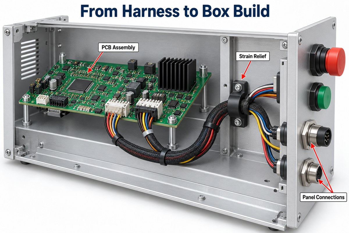 Illustrative controller enclosure connecting a PCB assembly to panel interfaces with supported wiring
