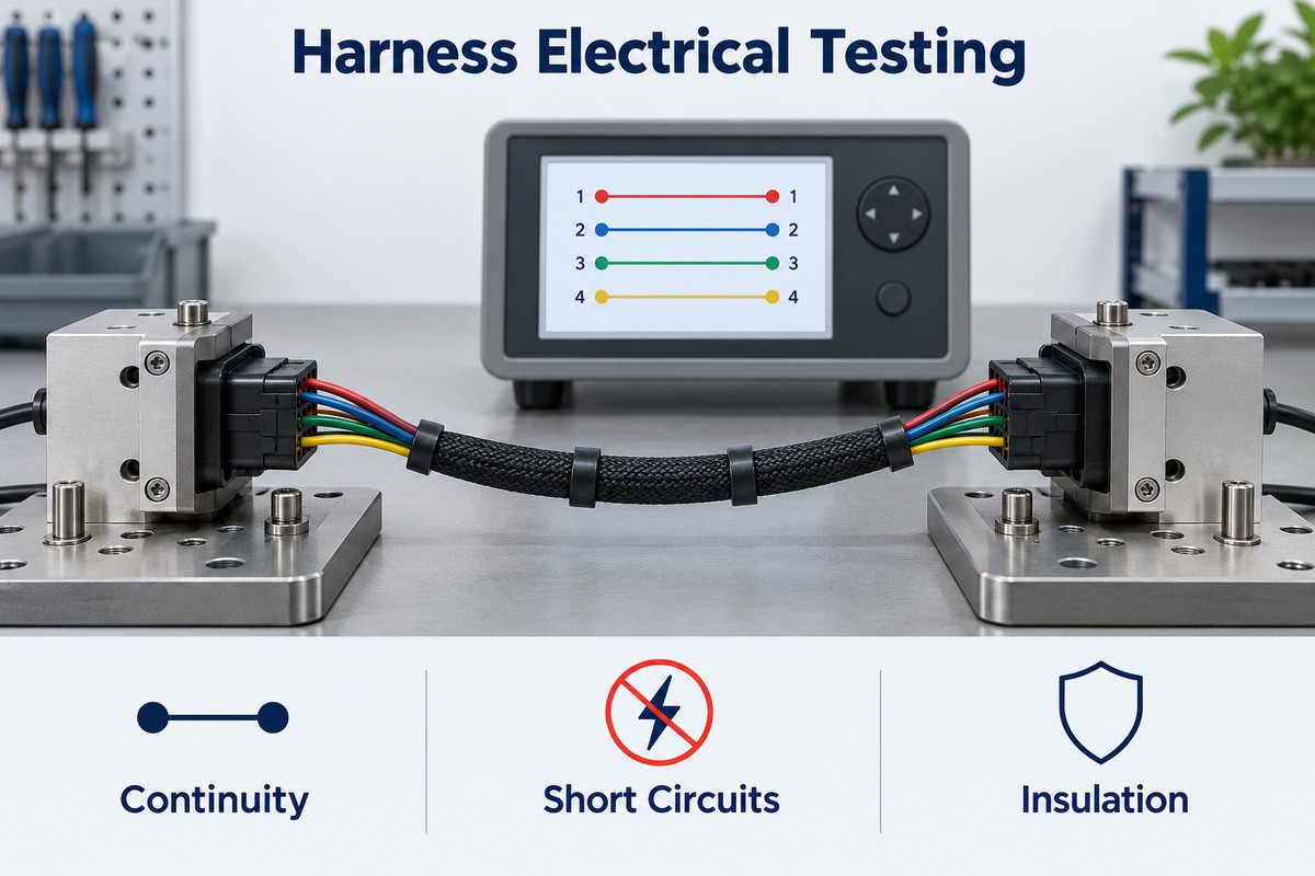 Cable harness connected to test adapters for continuity, short-circuit and insulation checks