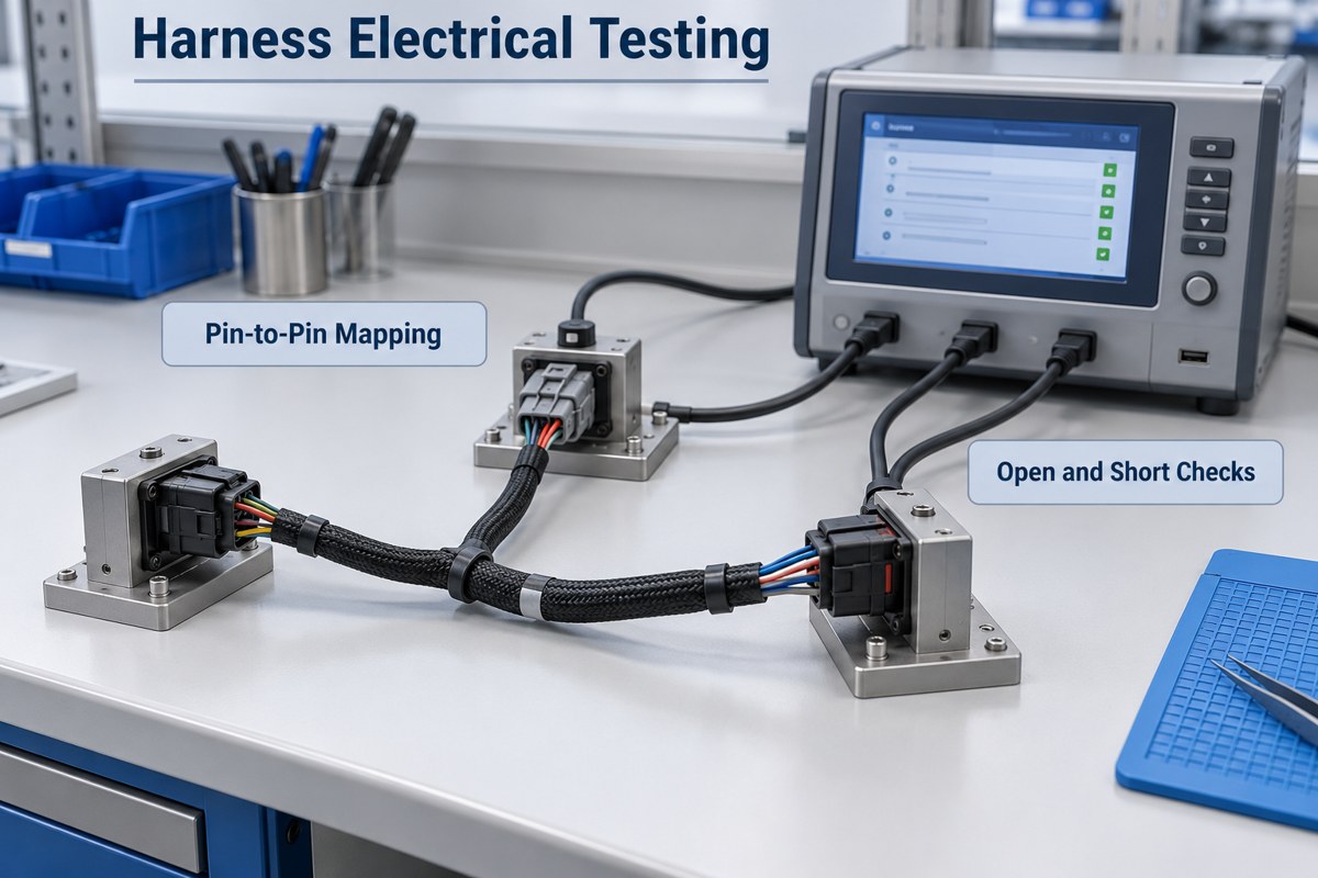 Illustrative harness connected to mating adapters for electrical pin mapping and open-short checks