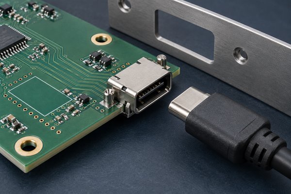 I/O connector, PCB-mounted receptacle with board-edge placement and shell supports