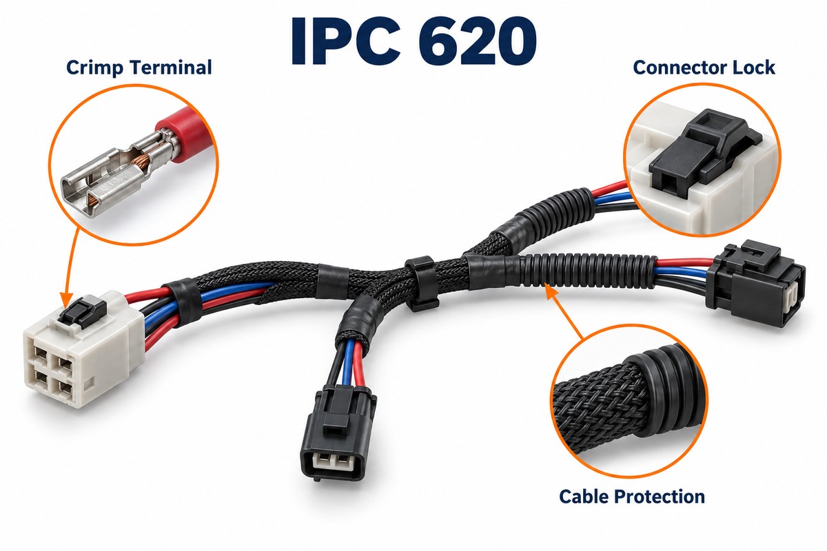 Wire harness with crimp terminal, connector lock and cable protection callouts