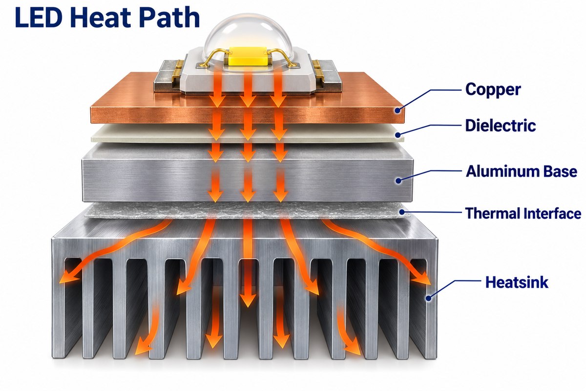 Illustrated heat path from an LED through the dielectric and aluminum base to a heatsink