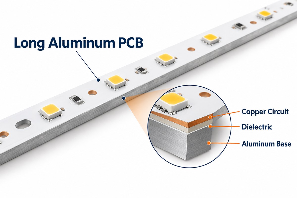 Long aluminum LED PCB with a magnified copper, dielectric and aluminum base cross section