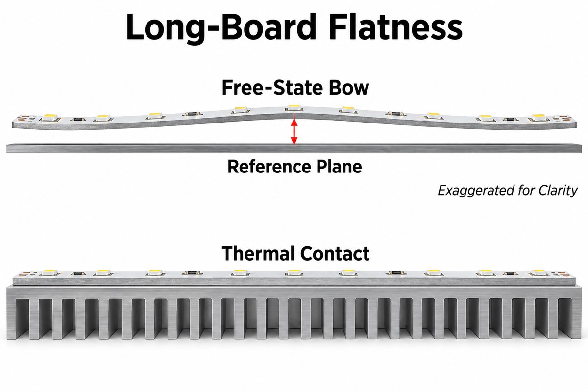 Exaggerated free-state bow in a long LED board compared with flat contact on a heatsink