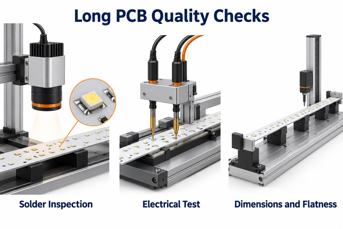 Conceptual optical inspection, electrical probing and dimensional checking of long LED PCBs