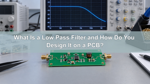 Low pass filter PCB design and frequency response test setup, illustrative image