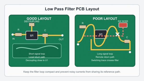 Good and poor low pass filter PCB layout comparison showing compact return path and interference separation