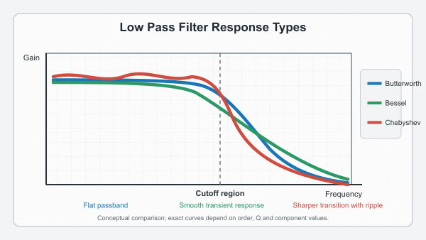 Conceptual comparison of Butterworth, Bessel and Chebyshev low pass filter responses