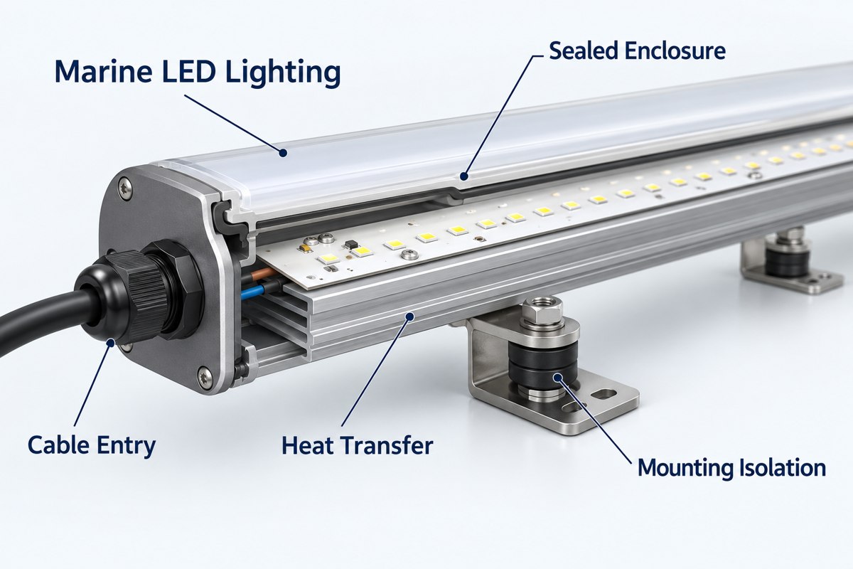 Conceptual cutaway of a marine linear LED light showing enclosure, cable entry, mounting isolation and heat transfer